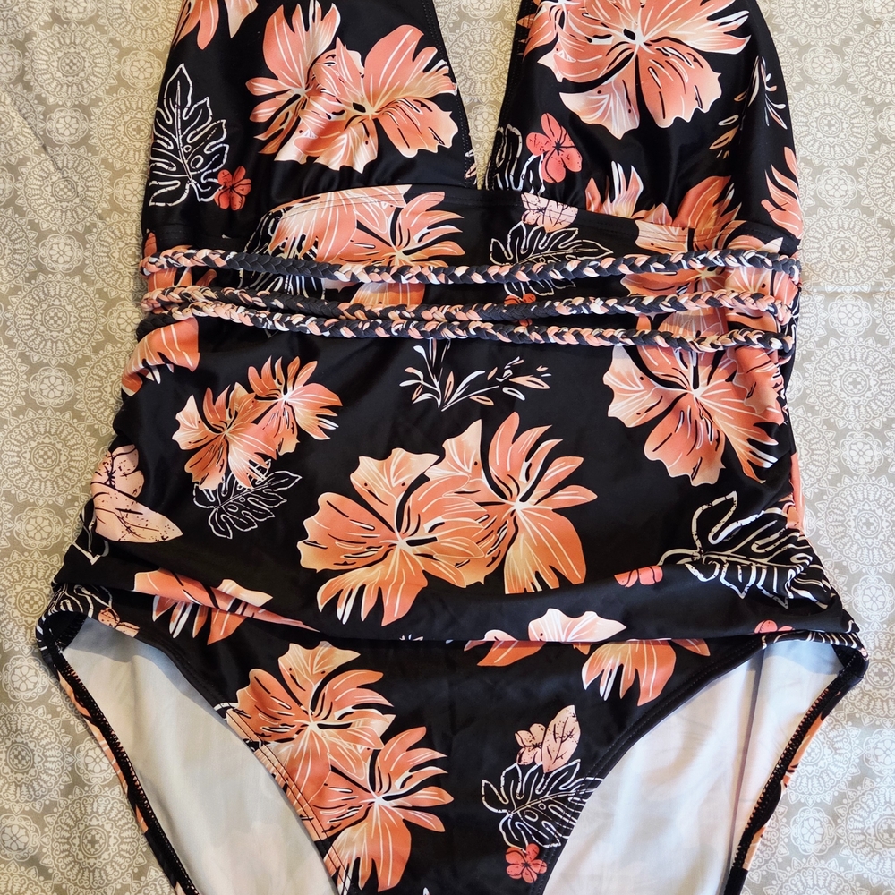 Women's One Piece Plunge Monokini Sexy Cut Out Swimsuit XL Black Orange Floral